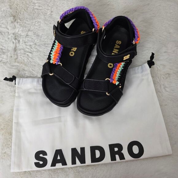 Sandro Black Leather Crochet-Knit Platform Sport Sandals EU 36 NEW - Picture 9 of 12